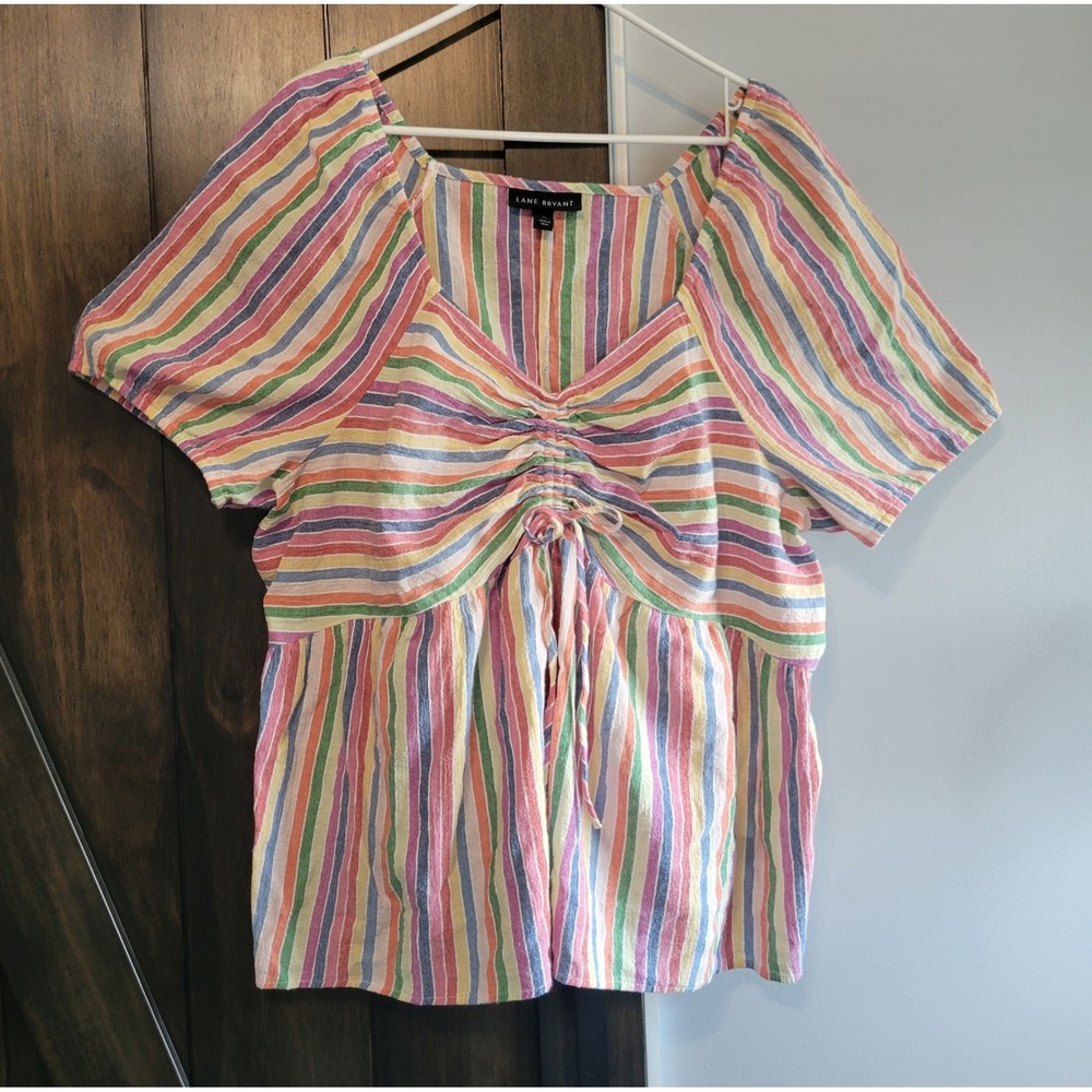 Lane Bryant Colorful Stripe Peasant Top Boho Tie Front Blouse Plus Size 22 Flowy